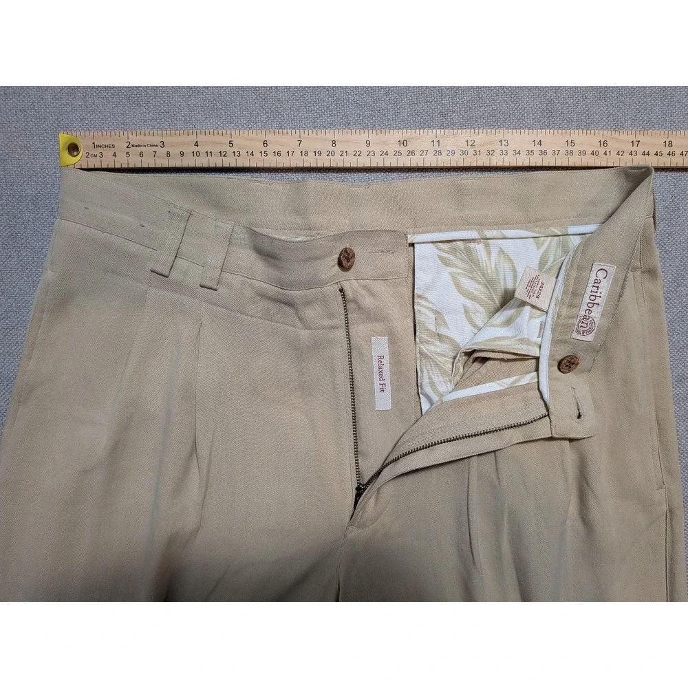 Roundtree & Yorke Caribbean Mens Pants Tan 34x29 100% Silk Herringbone Relaxed